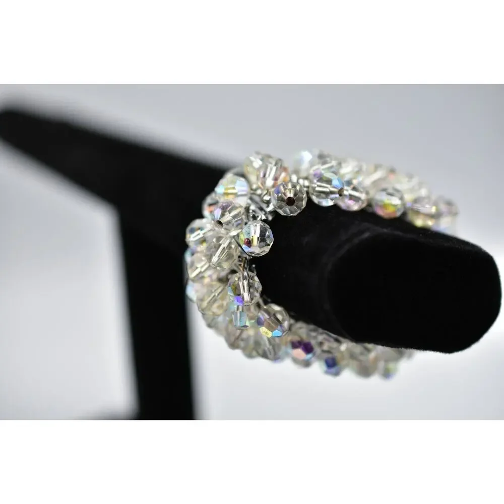 Japan Vintage Crystal Beaded Cluster Bracelet Dangle Aurora Borealis 1960s Bin2